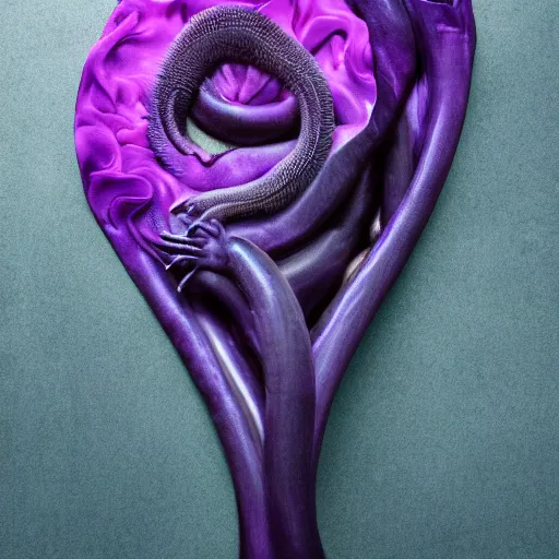 Image similar to Deep imprint flower core, our ouroborous devours it's tail by Rick Baker, black, neon purple, Hyperreal, Photographed in the Style of Annie Leibovitz, Studio Lighting