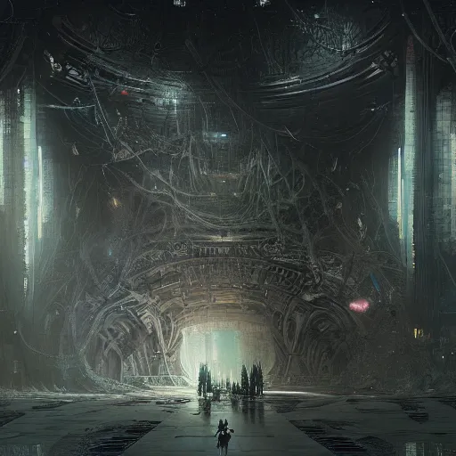 Prompt: lost and alone in a vast future sci - fi cyberpunk brutalist megastructure temple by gustave dore and gustave moreau and beksinski and giger and craig mullins and jeremy mann
