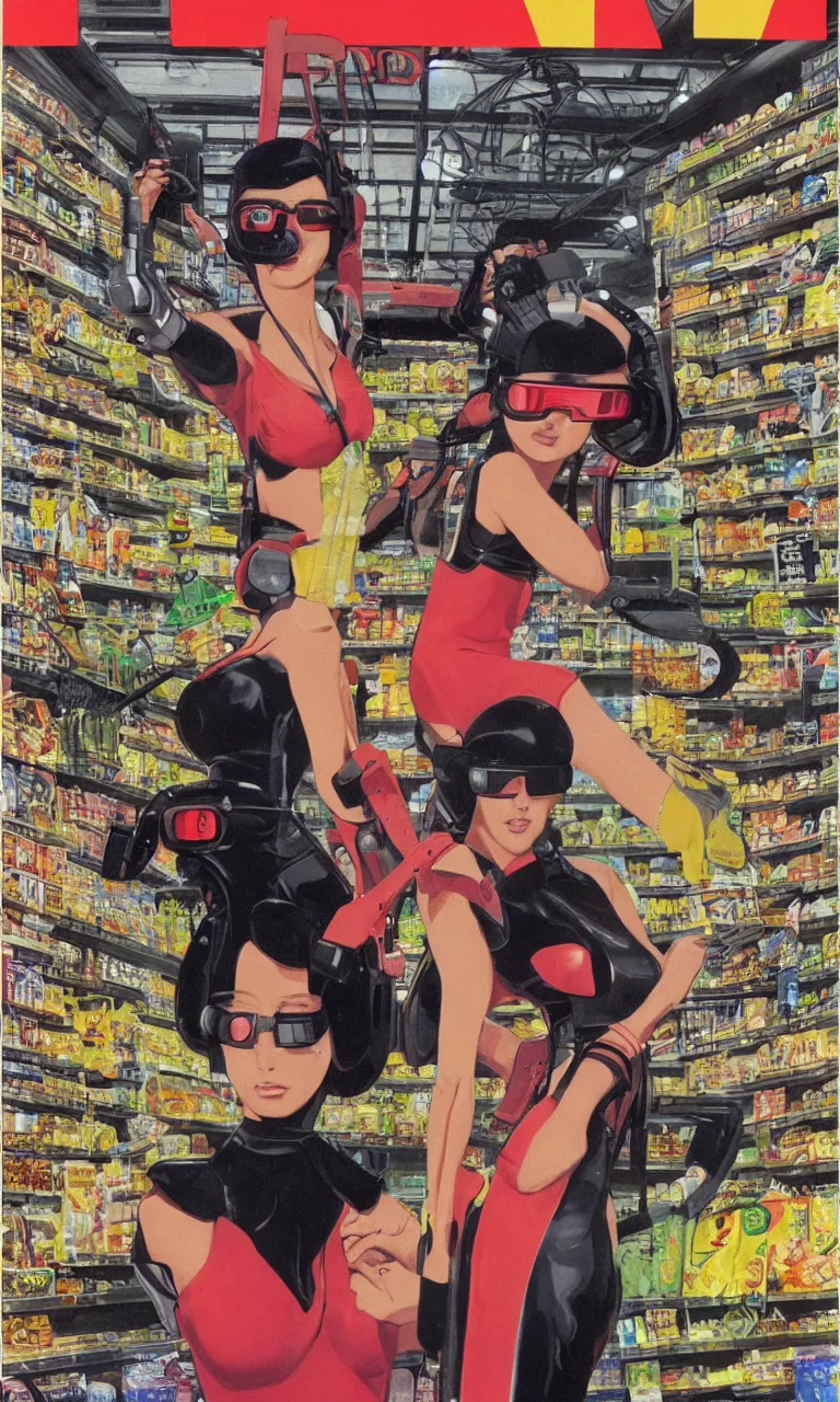 Image similar to 1979 OMNI Magazine Cover depicting a Beautiful woman wearing AR goggles in a grocery store. Cyberpunk Akira style by Vincent Di Fate