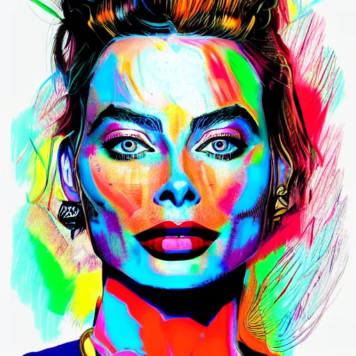Prompt: a sketch, ultra detailed, fashion, magic, universe, beautiful woman, similar to margot robbie, beautiful colors, surreal city, in style of jean - michel basquiat, trending on artstation