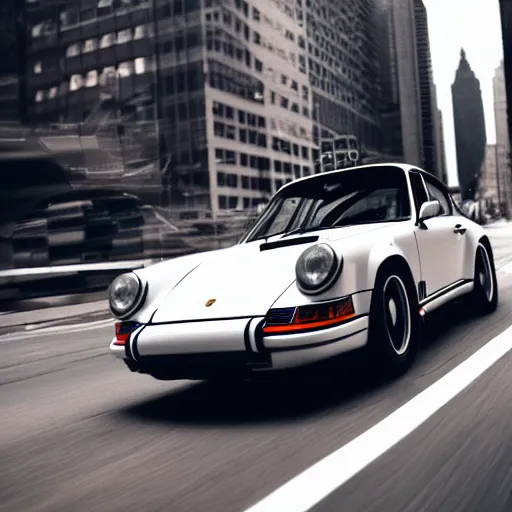 Image similar to photo of a porsche 9 1 1 9 6 4 drifting through nyc, cinematic, motion blur, shallow dof, 3 5 mm, heli shot, macro