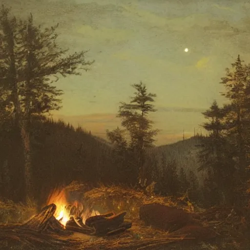 Prompt: hunter alone in the wilderness, campfire at midnight, deep dark boreal forest, 19th century