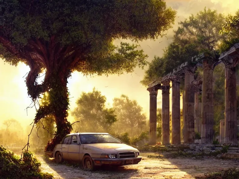 Prompt: a tree growing on a scrap car in ancient greek ruins, gray wasteland, many scrap cars, overgrown, pillars and arches, colorful flowers, vines, hyperrealistic, highly detailed, cinematic, ray of golden sunlight, beautiful, cgsociety, artstation, 8 k, oil painting by greg rutkowski, by artgerm, by wlop