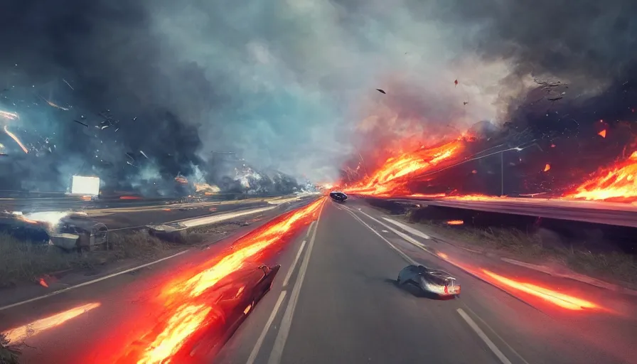 Prompt: falling highways with burning cars, movie scene, spectacular, hyperdetailed, artstation, cgsociety, 8 k