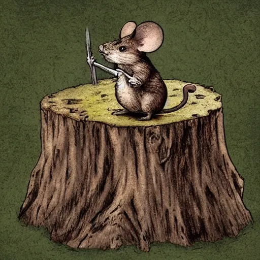 Prompt: Mouse Guard sits on a stump, deep forest, mouse in clothes, by rivuletpaper, rivuletpaper art, Mouse Guard by David Petersen, mouse photo, small details, realistic illustration,