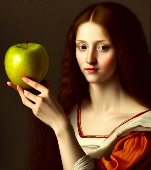 Prompt: portrait of a long - haired woman with an apple sitting upon a table with heightened detail, poised, intense emotion, detailed facial expression, detailed surroundings, intricate, elegant, highly detailed, centered, digital painting, artstation, concept art, smooth, sharp focus, illustration, by ( leonardo da vinci ), wlop