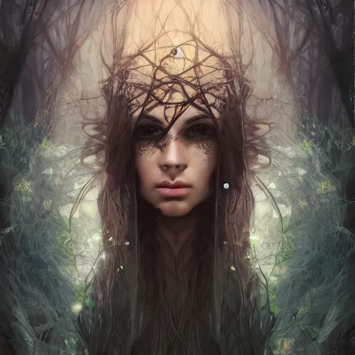Prompt: head and shoulders portrait of a dark mage in a forest, dark fantasy, mystic, elegant, intricate, face, medium shot, trending on cgsociety, volumetric light, by Fernanda Suarez and Alphonse Mucha-n 9