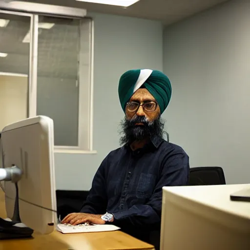 Image similar to Inderjit gill sitting at a computer looking lost, photograph, high quality