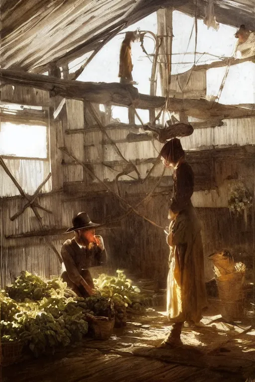 Image similar to simple amish farmers hanging tobacco in their well lit clean open barn, art by anders zorn, wonderful masterpiece by greg rutkowski, beautiful cinematic light, american romanticism thomas lawrence, greg rutkowski