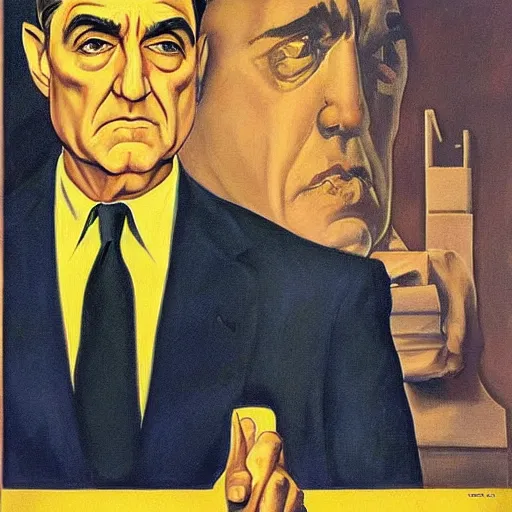 Image similar to surrealist painting of robert mueller!!! standing with folded arms, czech movie poster by j. c. leyendecker and diego rivera