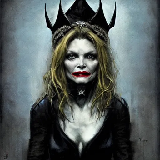 Prompt: portrait of Michelle Pfeiffer as evil vampire queen shoeing her sharp teeth wearing a dark crown by Tom Bagshaw and Guy Denning