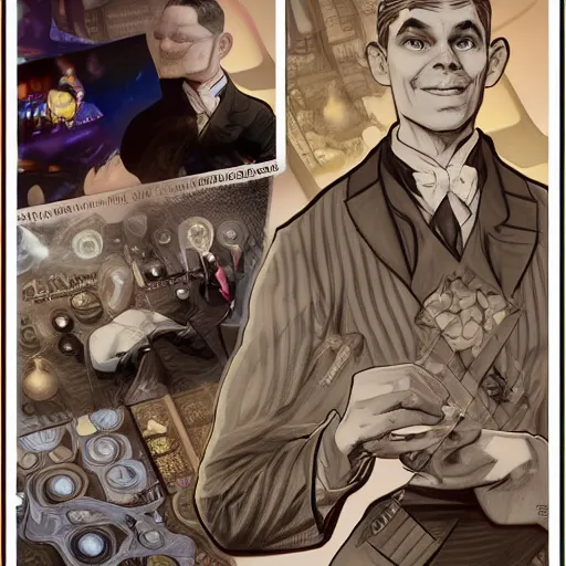 Prompt: alan turing meeting bugs bunny, character sheet, character design, contrast, deep focus, turnaround, highly detailed, dramatic lighting, artstation, concept art, matte, sharp focus, illustration, elegant, art by artgerm and greg f and alphonse mucha.