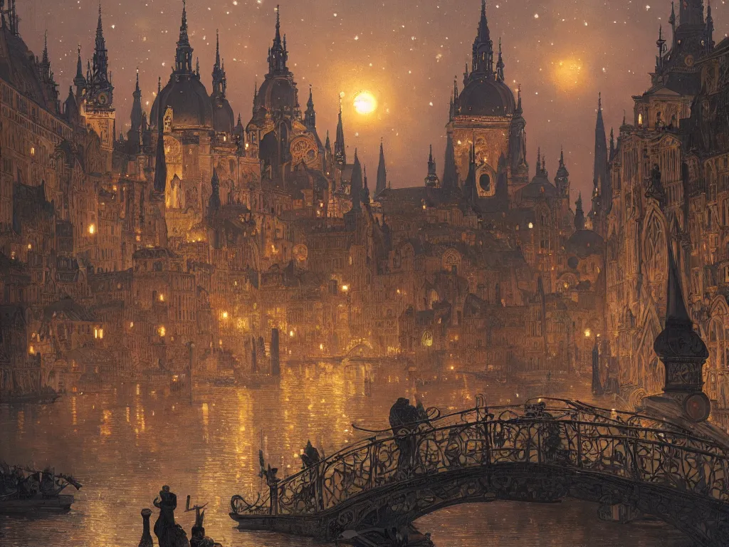 Image similar to a view from the river of a city resembling prague, paris, and venice at night with the sky full of stars, intricate, elegant, highly detailed, digital painting, artstation, concept art, smooth, sharp focus, colored illustration for tattoo, art by krenz cushart and artem demura and alphonse mucha,