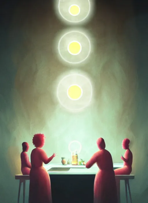 Image similar to high depth, collective civilization kitchen, calm, healing, resting, life, hybrids, scifi, soft white glowing lights, published concept art, art in the style of all and none and everything and infinity, clowdy day