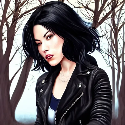 Image similar to woman with black hair and a leather jacket in a beautiful park by artgerm