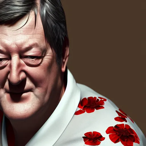 Image similar to Stephen Fry in a fancy kimono, unreal engine octane, red and white, portrait, glitter, depth of field, 8k, hyper detailed