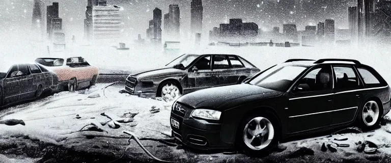 Image similar to Audi A4 B6 Avant (2002), a gritty neo-noir, dramatic lighting, cinematic, eerie person silhouette, death, homicide, homicide in the snow, gunshots, establishing shot, extremely high detail, photorealistic, cinematic lighting, artstation, by simon stalenhag, Max Payne (PC) (2001) winter New York at night, In the style of Max Payne 2 graphic novel, flashing lights, Poets of the Fall - Late Goodbye