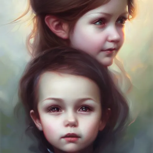 Image similar to love is patient love is kind, mother and child ; photorealistic oil painting by charlie bowater and mark blooms ; highly detailed cute faces by wlop ; trending on artstation