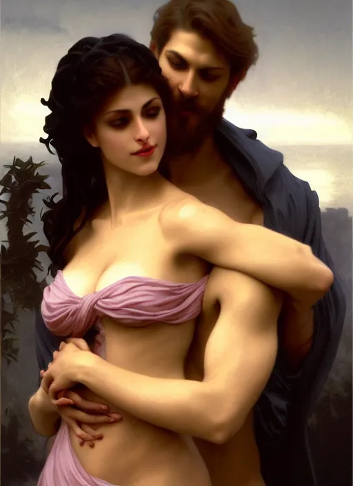 Prompt: kitsch mills and boon romance novel cover with cthulhu!! hugging eva mendes, they are in love, by william - adolphe bouguereau, john singer sargent, digital painting, artstation, concept art, smooth, sharp focus, warm lighting,