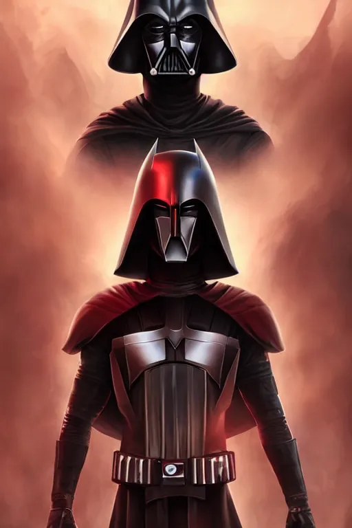 Image similar to characters portrait of Darth Revan mixed with Batman by ArtGerm and Tom Bagshaw, merged character, Full body shot, cinematic opening shot, 4k, highly detailed, cinematic lighting