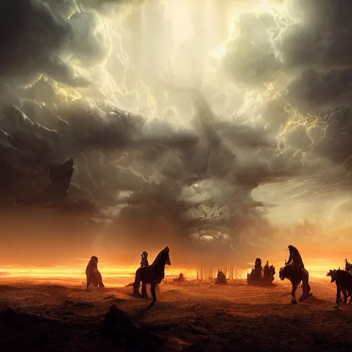 Prompt: the final judgment and the arrival of the 4 horsemen of the apocalypse, dramatic lighting, cinematic, establishing shot, extremly high detail, photorealistic, cinematic lighting, post processed, concept art, artstation, matte painting, style by greg rutkowsky