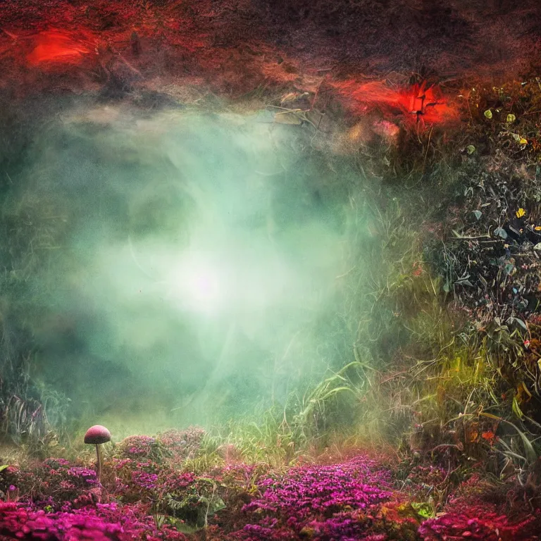 Prompt: a planet of various fungus, mushrooms, flowers and plants, inside the picture is infinity, Atmospheric, artistic photography, conceptual, long exposure outside the city, volumetric light