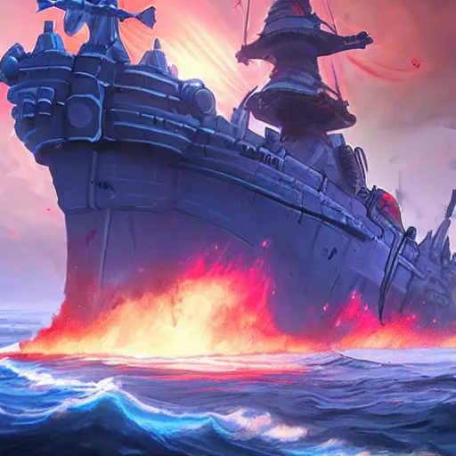 Prompt: arcane - style giant battleship, fire cannons, fire cannons. spear and axes, blue sea waves background, bright art masterpiece artstation. 8 k, sharp high quality artwork, concept art by tooth wu, blizzard warcraft artwork, hearthstone card artwork