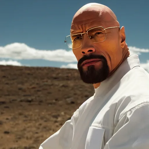 Image similar to Dwayne The Rock Johnson as Walter White in 'Breaking Bad' (2012), movie still frame, oscar nominated cinematography, volumetric lighting, 8k resolution, beautiful composition