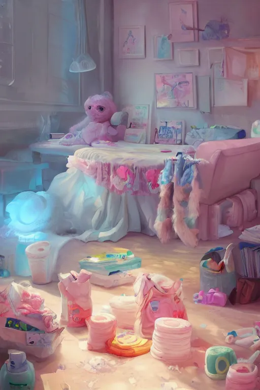 Image similar to Diaper Disposal Factory, Overflowing with Diapers, digital art, fantasy, trending on artstation, professional illustration, cgsociety, ultra detailed, volumetric lighting, celshaded, colorful, girly bedroom, lively, cute