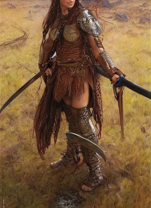 Prompt: beautiful warrior woman with wet hair wearing tan leather clothes holding a sword by artist donato giancola