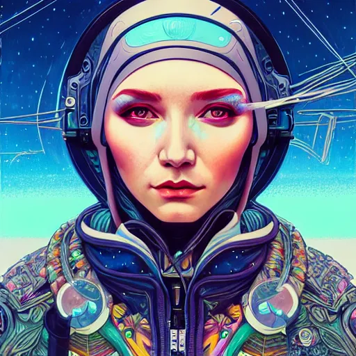 Image similar to high quality high detail portrait of a snow queen diesel punk character in an futuristic world, tristan eaton, victo ngai, artgerm, rhads, ross draws, hyperrealism, intricate detailed, alphonse mucha, pastel colors, vintage, artstation,