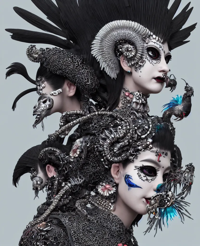 Image similar to 3 d goddess close - up profile portrait punk with mohawk with ram skull. beautiful intricately detailed japanese crow kitsune mask and clasical japanese kimono. betta fish, jellyfish phoenix, bio luminescent, plasma, ice, water, wind, creature, artwork by tooth wu and wlop and beeple and greg rutkowski