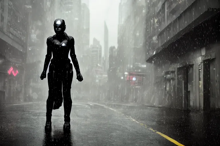 Image similar to vfx marvel sci-fi woman black super hero robot photo real full body action pose, city street cinematic lighting, rain and fog by Emmanuel Lubezki