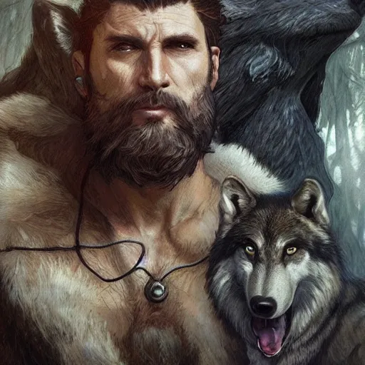 Prompt: portrait of a gruff ranger with wolf companion, muscular, upper body, hairy body, D&D, fantasy, intricate, elegant, highly detailed, digital painting, artstation, concept art, matte, sharp focus, illustration, art by Artgerm and Greg Rutkowski and Alphonse Mucha