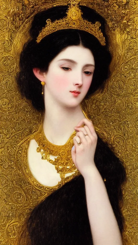 Image similar to painting portrait of a beautiful black haired woman with pale skin and a crown on her head sitted on an intricate metal throne, intricate, elegant, digital painting, smooth, sharp focus, shiny gold, realistic gold, realistic metal, by william - adolphe bouguereau and gustav klimt,