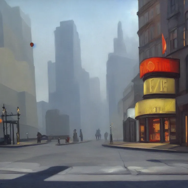 Prompt: streets filled with trash, city fog, early morning, , painted by Edward Hopper, painted by Wayne Barlow, airbrush