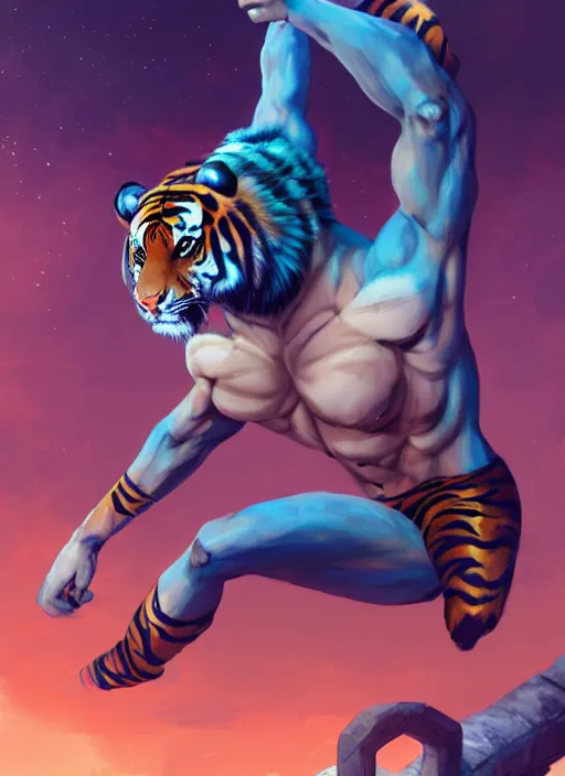 Prompt: character portrait of a male anthro Tiger fursona wearing wrestler's spandex in a futuristic wrestling ring. Character design by charlie bowater, ross tran, artgerm, and makoto shinkai, detailed, inked, western comic book art