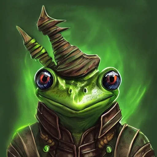 Prompt: a profile photo of a fantasy art frog warrior. ominous concept character art