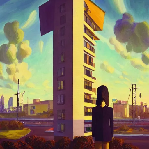 Image similar to huge flower as head, woman in suit standing by tall windows, modernist luxury apartment, surreal photography, sunlight, impressionist painting, digital painting, artstation, simon stalenhag