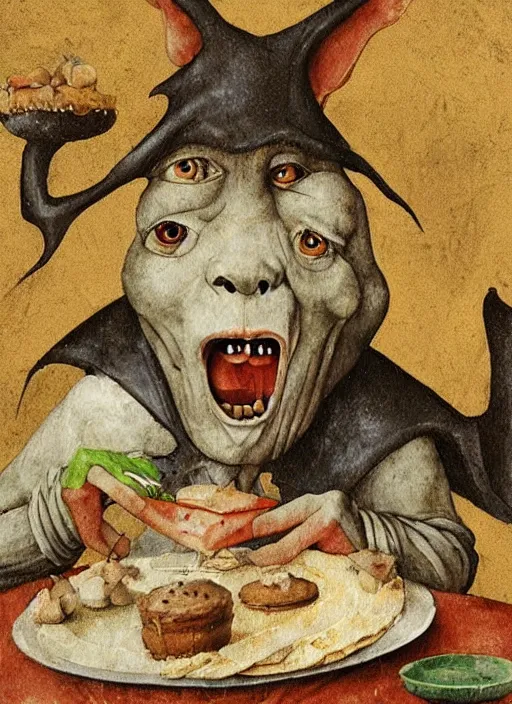 Image similar to medieval goblin eating cakes painted by hieronymus bosch, detailed digital art, trending on Artstation