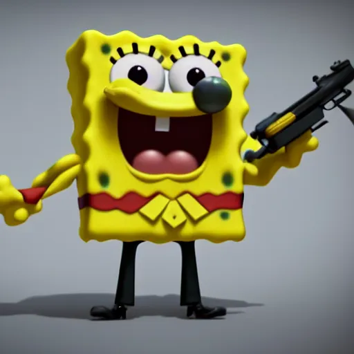 Image similar to cute spongebob in a suit while holding a gun, cartoon, digital art, 3 d rendered in octane, pixar character, blender, maya, shadows, lighting depth of view