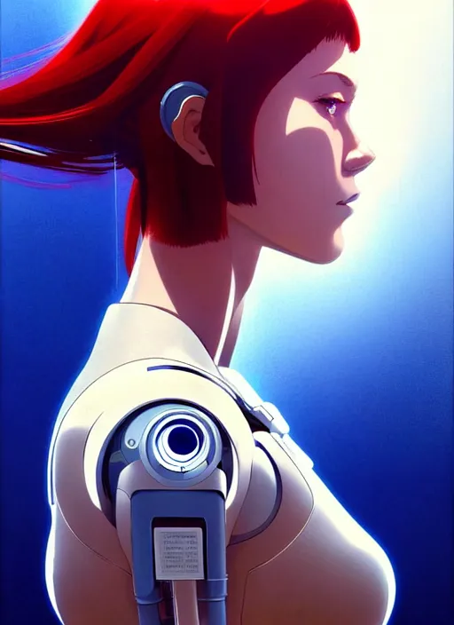 Image similar to side portrait of redhead cyborg girl with robotic parts | | head only in center of image, audrey plaza, fine detail!! anime!! realistic shaded lighting!! poster by ilya kuvshinov katsuhiro otomo ghost - in - the - shell, magali villeneuve, artgerm, jeremy lipkin and michael garmash and rob rey