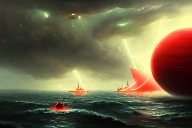 Prompt: A beautiful matte painting of huge spherical alien spaceship attacking with powerful red lasers a Sailship in ocean in thunderstorm, by greg rutkowski, trending on artstation, concept art