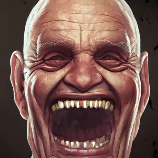 Image similar to old man portrait, face smiling, golden teeth, grenade in mouth, flat background, greg rutkowski gta san andreas art