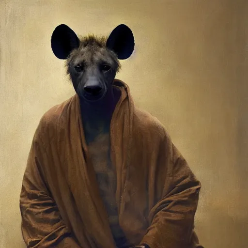 Image similar to attractive hyena wearing a monk robes holding invense burner. natural lighting by ruan jia, portrait