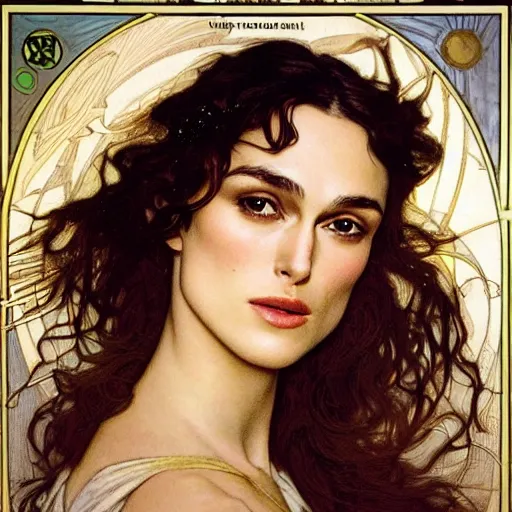 Image similar to keira knightley portrait by louis - theophile hingre and alphonse mucha, realistic, sharp focus, zodiac signs, tarot cards, planets, ethereal, art nouveau, magic, moon, sun, crown, dreamy, royal, jewellery