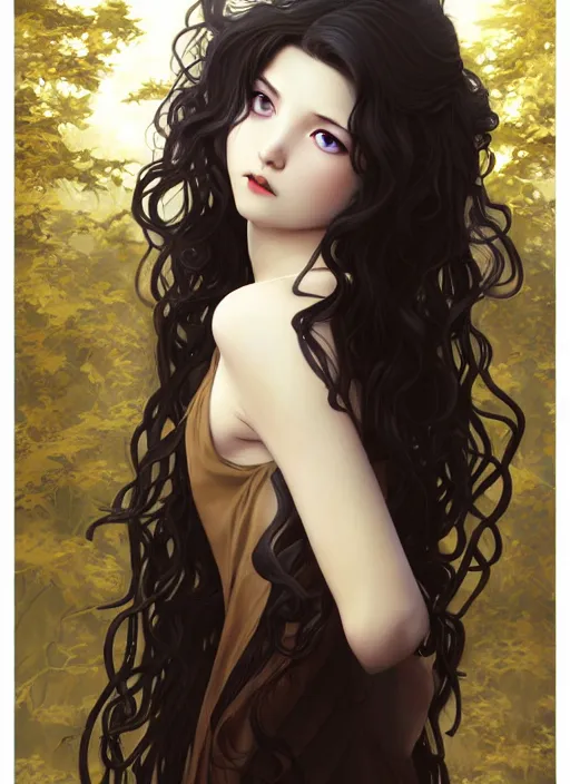 Image similar to young vampire girl, goddess of obsidian diamonds and black roses, with long curly, golden hair, perfectly proportioned face, brown eyes, sweet smile, strong jawline, natural lighting, path traced, highly detailed, high quality, cartoon, digital painting, by new haicheng studio ghibli and riccardo federici and alphonse mucha