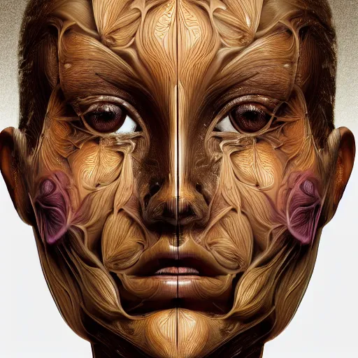 Image similar to face portrait of a beautiful woman, 150 mm, anatomical, flesh, flowers, mandelbrot fractal, veins, arteries, symmetric, intricate, golden ratio, full frame, microscopic, elegant, highly detailed, ornate, ornament, elegant , luxury, beautifully lit, ray trace, octane render in the style of peter Gric , alex grey and Romero Ressendi