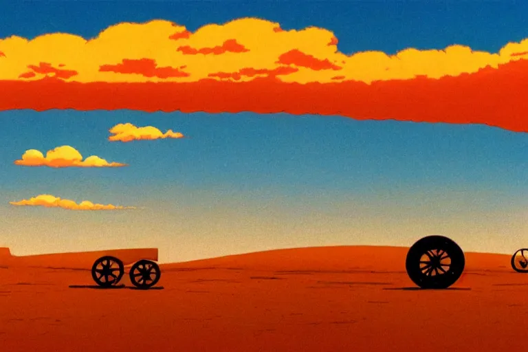 Prompt: giant wheels roll toward a golden desert sunset, cinemascope, studio ghibli, widescreen