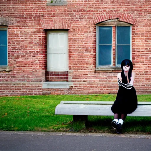 Image similar to a photograph of an emo goth girl sitting on a bench in front of a British house on a hot day, 2006, black hair